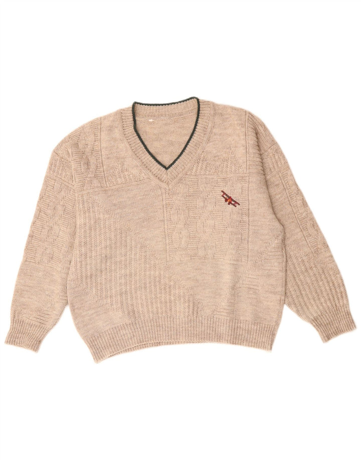 Suéter feminino vintage com decote em V UK 18 XL bege