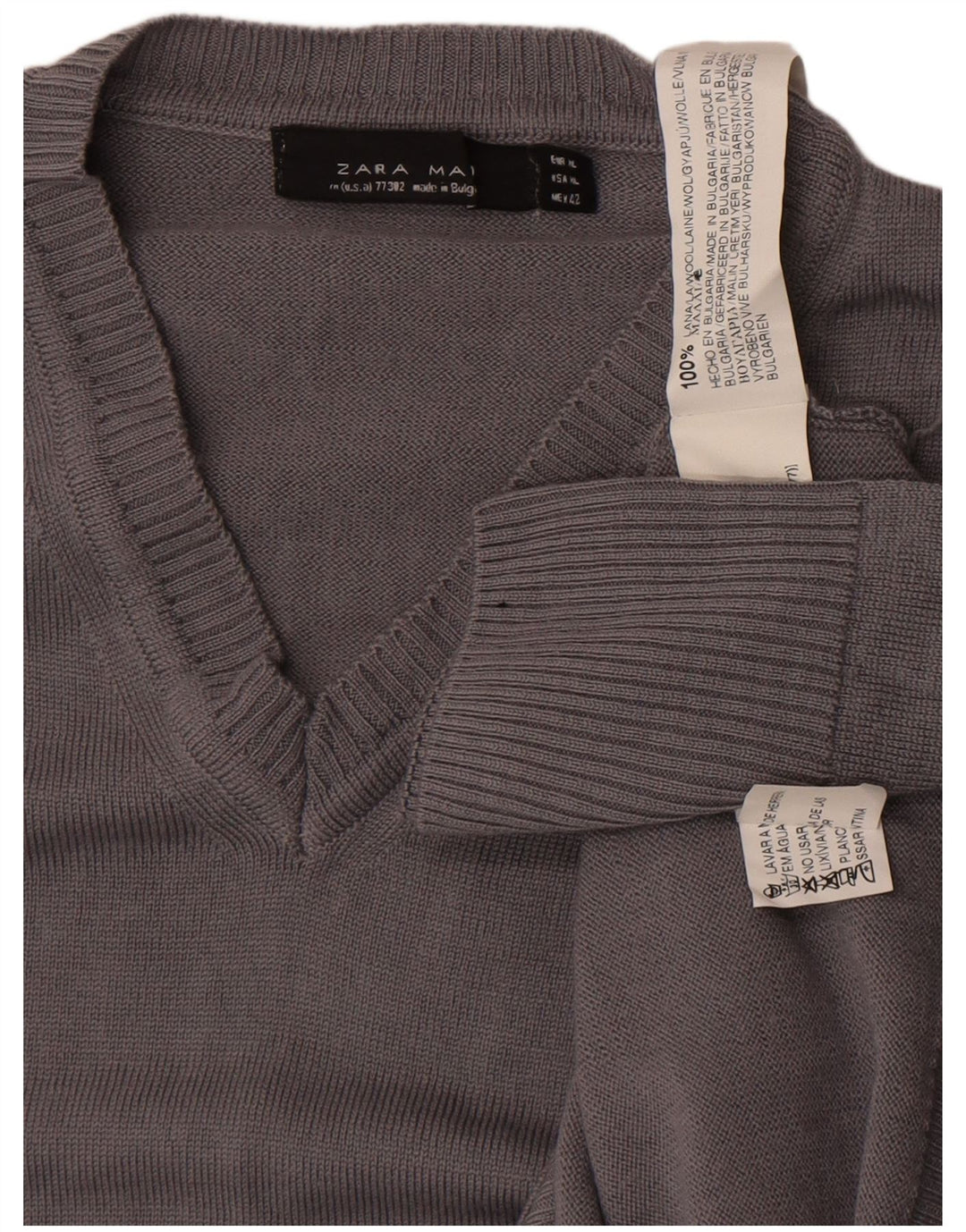 Zara Suéter masculino com decote em V XL lã cinza