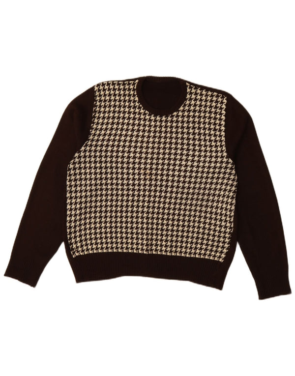Suéter feminino vintage com gola redonda Reino Unido 16 grande marrom houndstooth