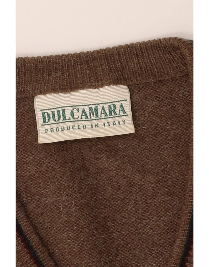 DULCAMARA Mens V-Neck Jumper Sweater Large Brown Fair Isle Vintage Dulcamara and Second-Hand Dulcamara from Messina Hembry 