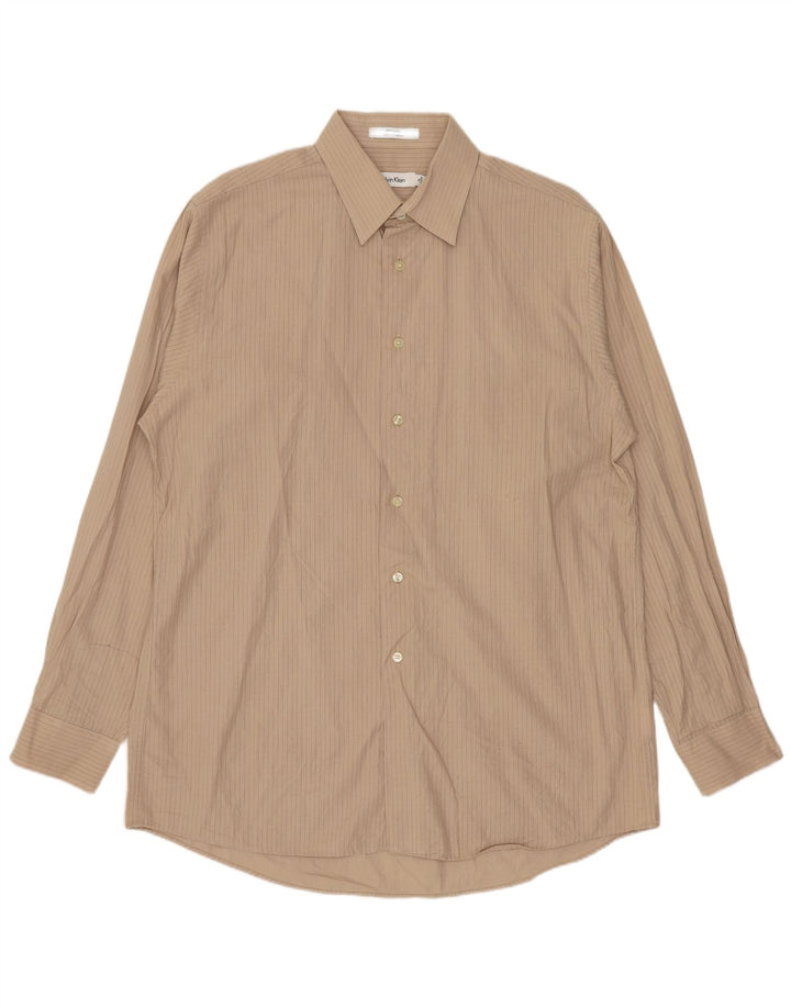 Camisa masculina Calvin Klein tamanho 16 grande algodão listrado bege