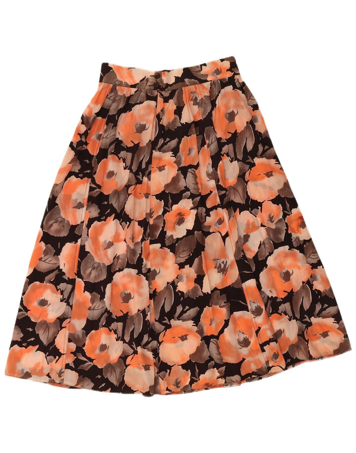 Saia larga feminina vintage W28 médio laranja floral