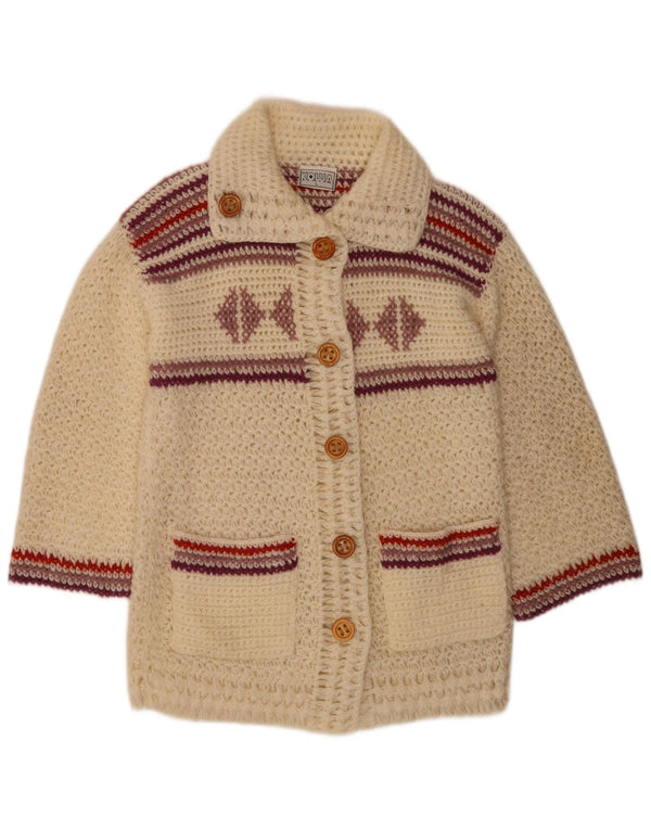 Suéter cardigã feminino vintage Reino Unido 16 grande acrílico listrado branco