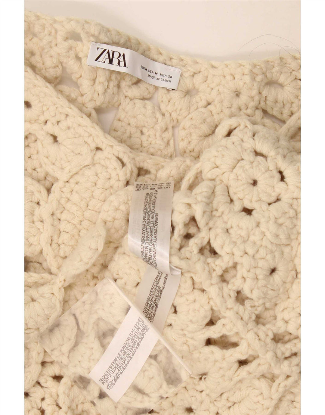 Zara blusa feminina de crochê manga 3/4 grande tamanho Reino Unido 14 médio bege
