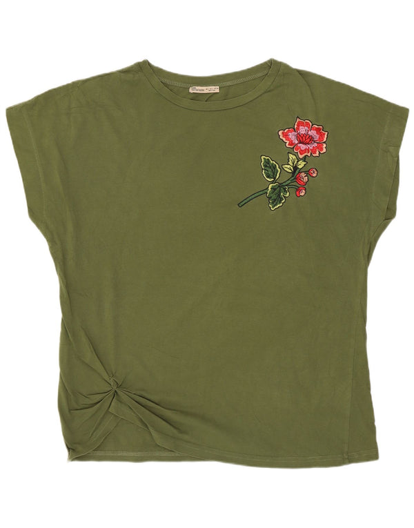 Zara Womens Graphic T-Shirt Top UK 16 Grande Algodão Cáqui
