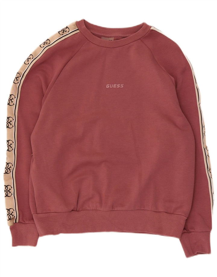 Suéter gráfico feminino Guess UK 10 pequeno bloco colorido rosa