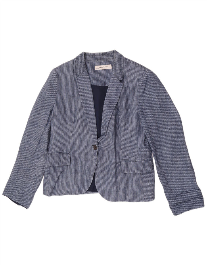 Jaqueta blazer feminina Zara com 1 botão Reino Unido 18 XL azul risca de giz poliéster