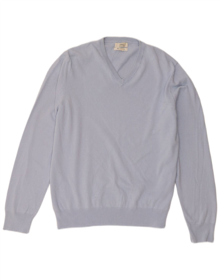 Suéter masculino Marks & Spencer com decote em V XL azul algodão