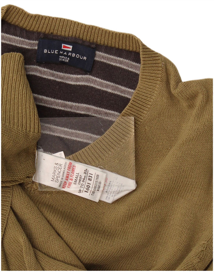 Suéter masculino Marks & Spencer Blue Harbor com decote em V, pequeno algodão cáqui
