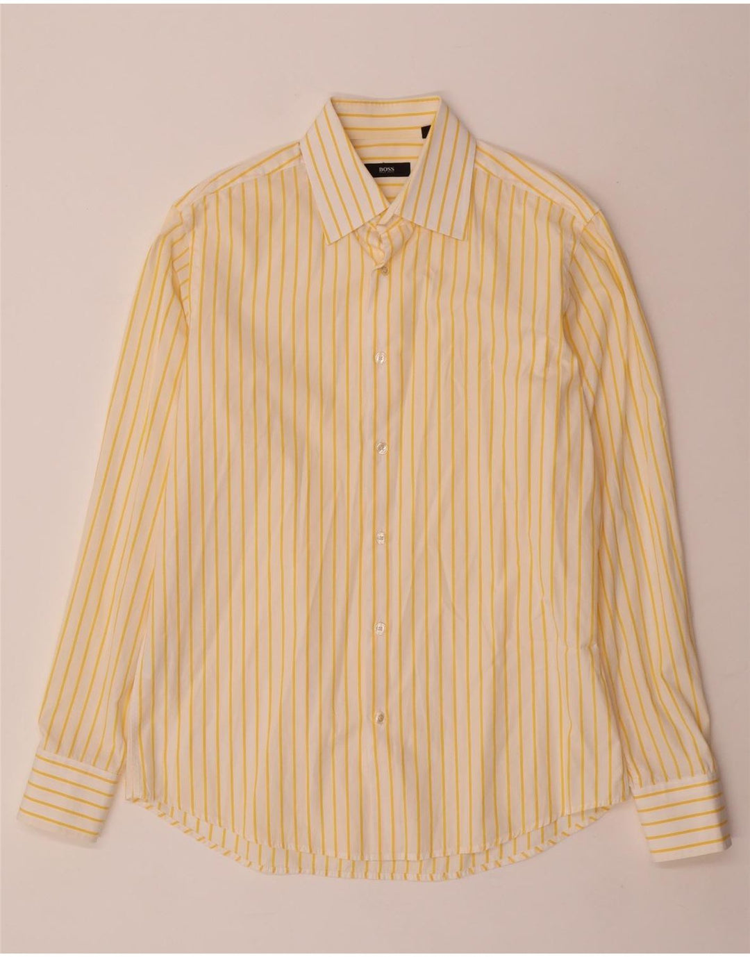 Camisa masculina HUGO BOSS tamanho 40 15 3/4 algodão listrado amarelo médio
