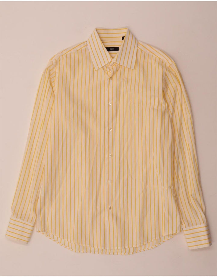 Camisa masculina HUGO BOSS tamanho 40 15 3/4 algodão listrado amarelo médio