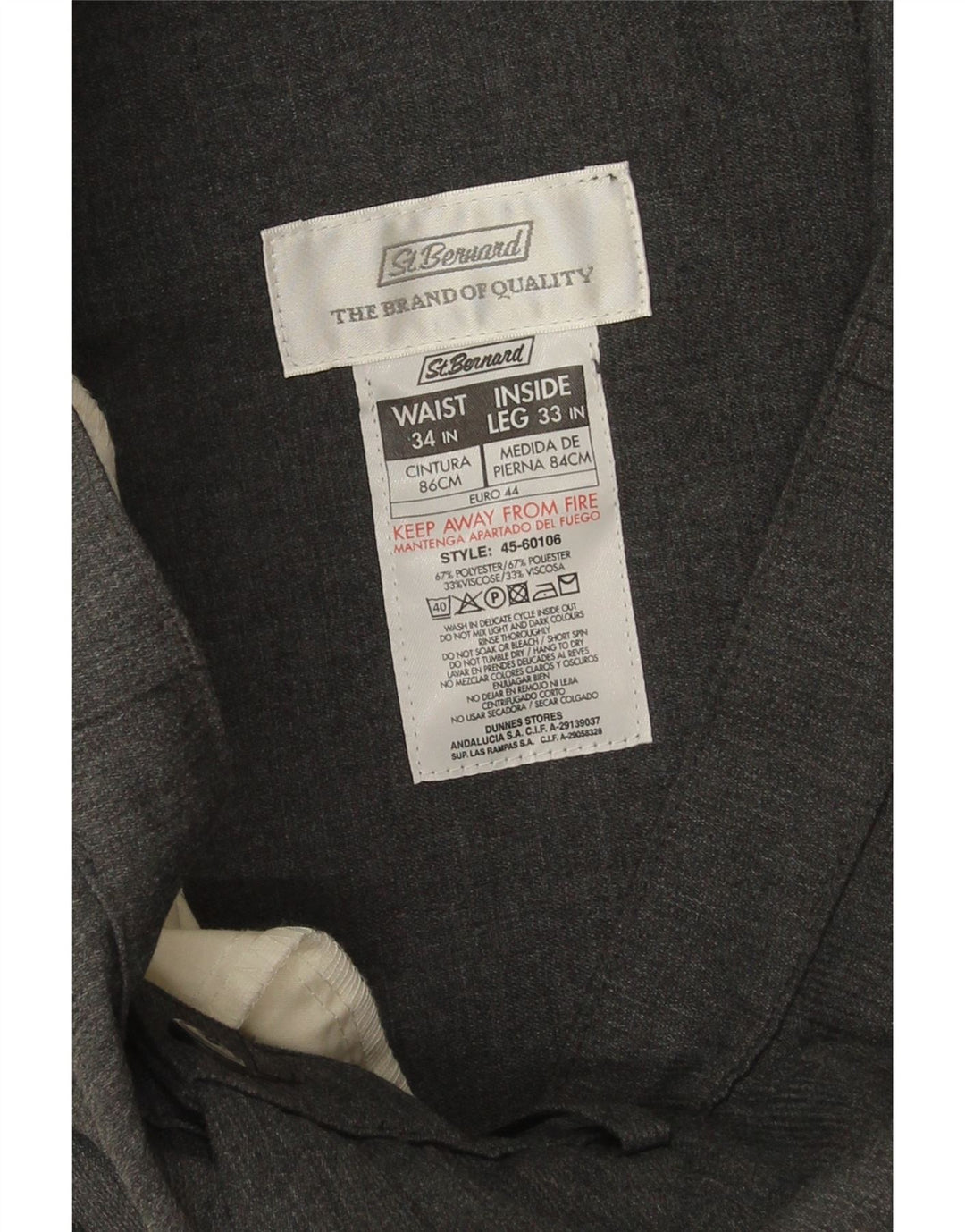 Calça masculina reta St. Bernard W34 L32 poliéster cinza