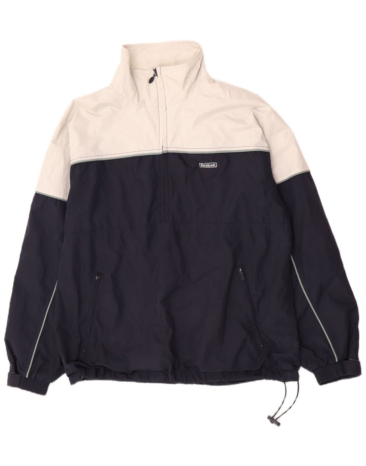 Jaqueta de chuva masculina REEBOK pulôver Reino Unido 36 pequeno bloco colorido azul marinho