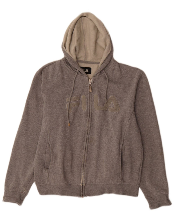 Suéter feminino Fila com capuz e zíper gráfico UK 10 algodão manchado cinza pequeno