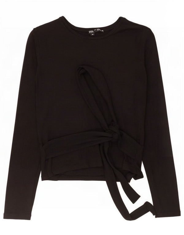 Zara Womens Front Tie Top Manga Longa Reino Unido 8 Pequeno Preto