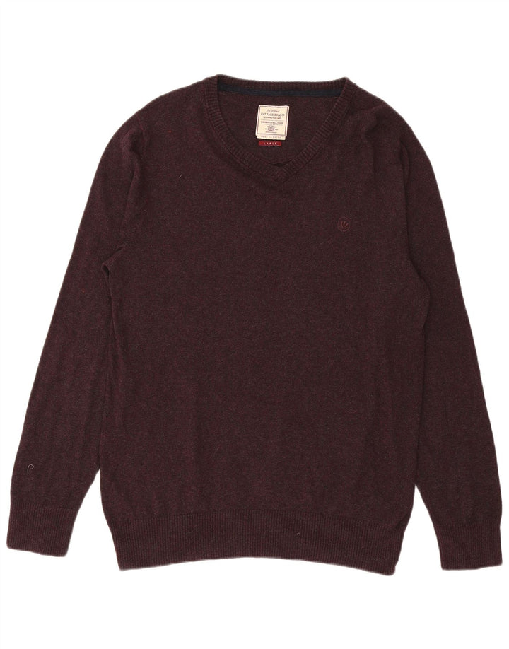 Suéter masculino com decote em V Fat Face grande algodão roxo