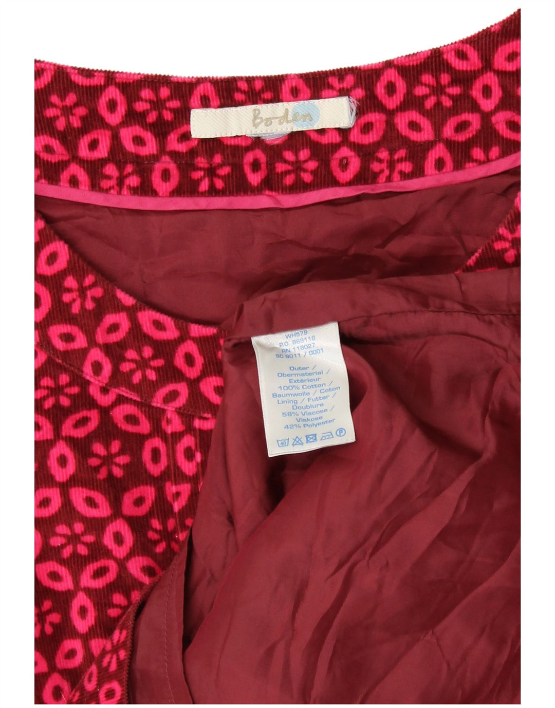 Vestido feminino de veludo cotelê Boden UK 8 pequeno algodão floral rosa