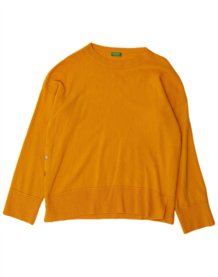 Suéter feminino superdimensionado com gola redonda da BENETTON Reino Unido 10 lã amarela pequena