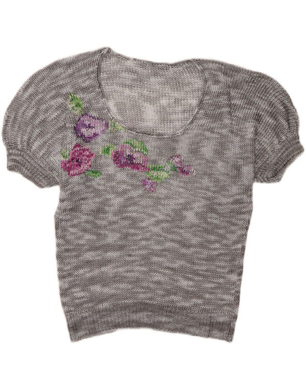 Suéter feminino vintage de manga curta com gola canoa Reino Unido 18 XL cinza floral