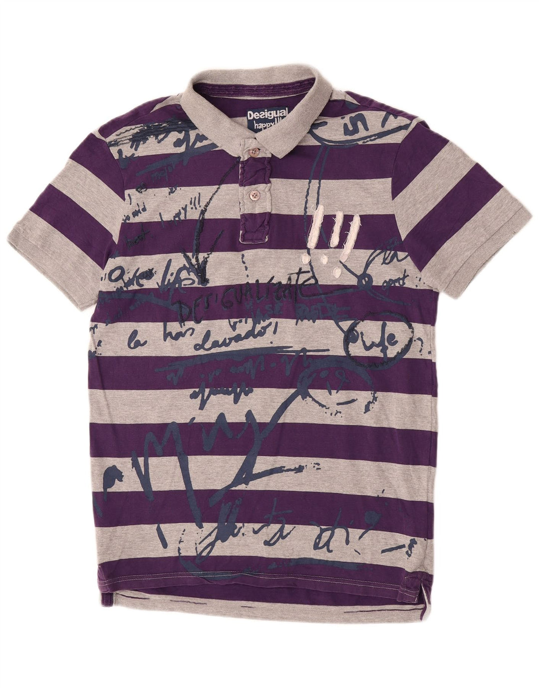 Desigual Camisa polo masculina gráfica grande algodão listrado cinza