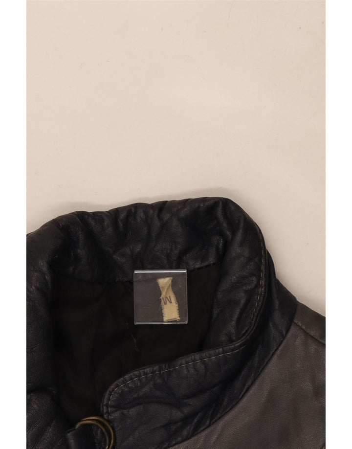 Jaqueta de couro feminina VINTAGE UK 14 bloco colorido cinza médio