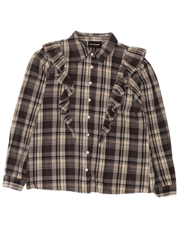 Les Copains Womens Flannel Ruffle Front Shirt IT 46 Large Grey Check
