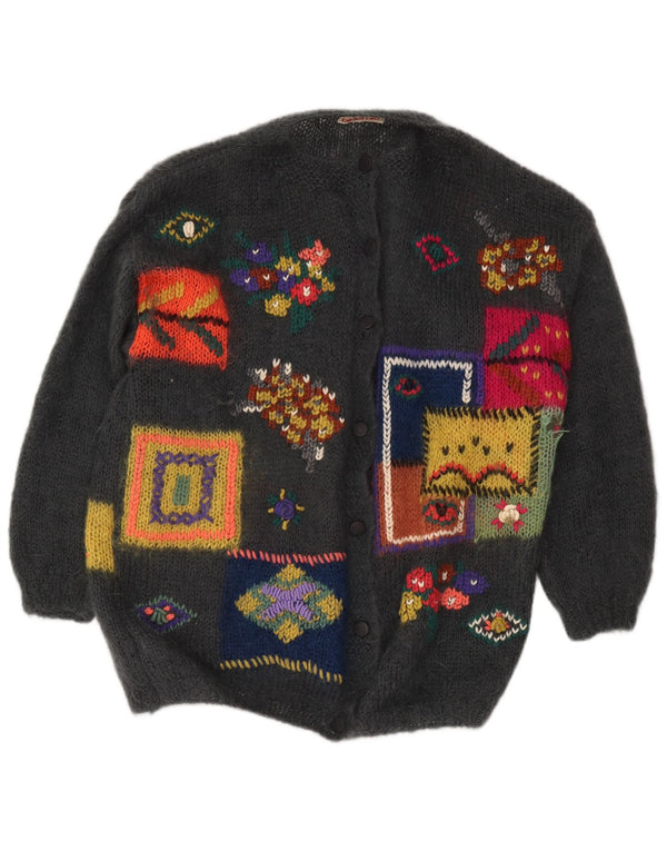 Suéter cardigã gráfico feminino vintage Reino Unido 18 XL cinza patchwork