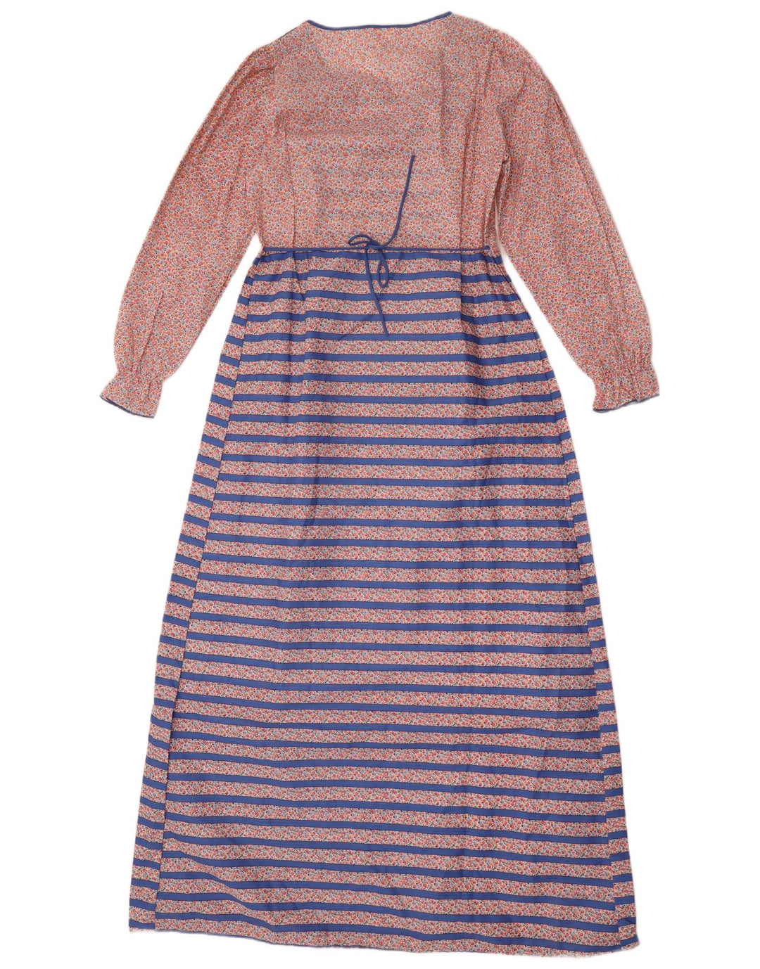 Vestido maxi feminino vintage de manga comprida UK 14 poliéster listrado azul médio