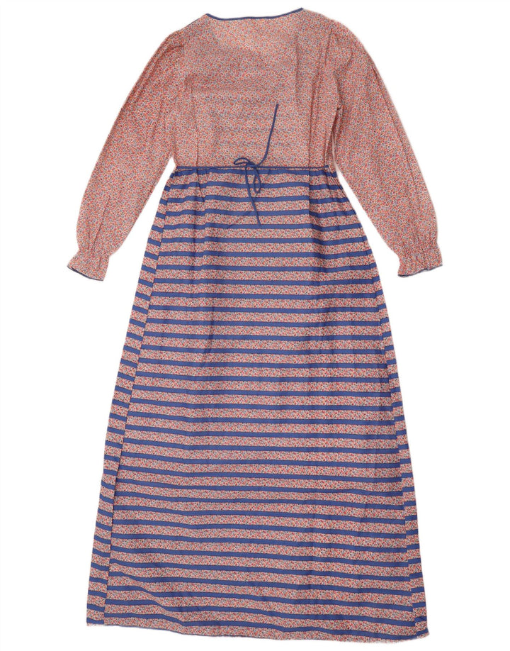 Vestido maxi feminino vintage de manga comprida UK 14 poliéster listrado azul médio