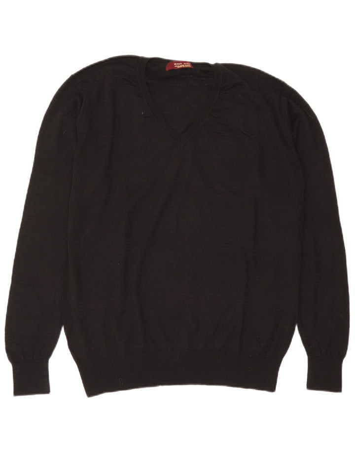 Zara Suéter masculino transparente com decote em V XL lã preta