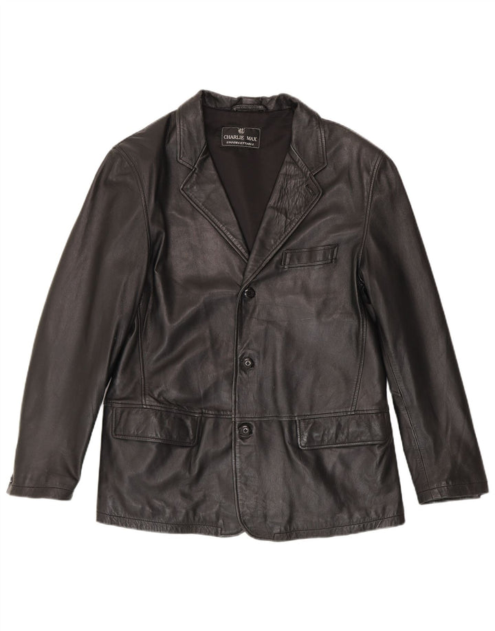 Jaqueta blazer masculina vintage de couro com 3 botões IT 50 grande preta
