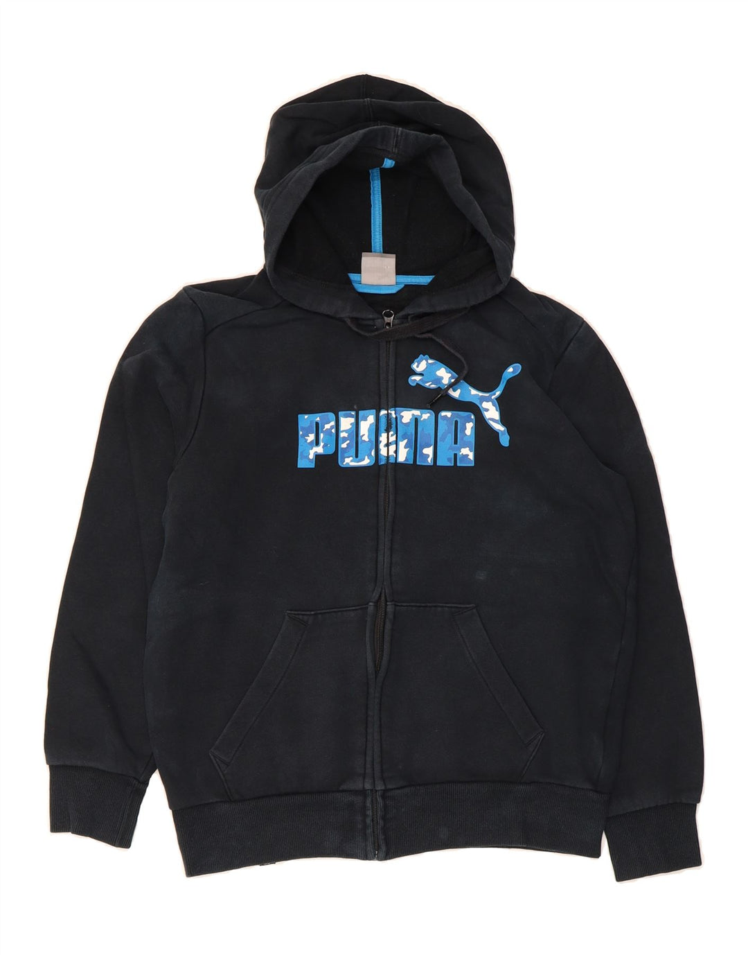 PUMA Mens Graphic Zip Hoodie Sweater Small Navy Blue Cotton Vintage Puma and Second-Hand Puma from Messina Hembry 