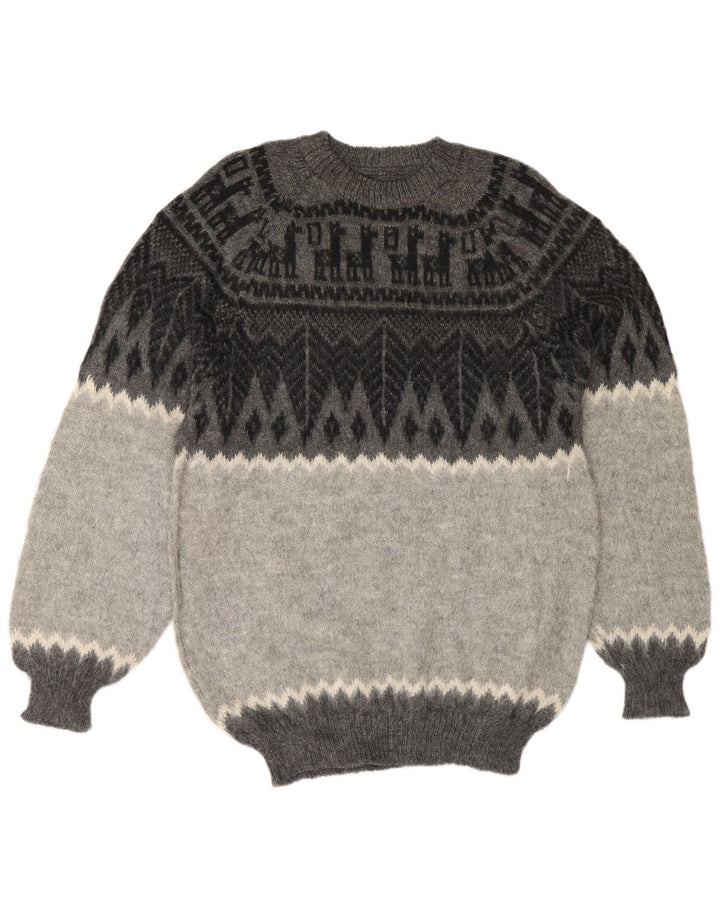 Suéter vintage masculino com gola redonda, pequeno cinza geométrico
