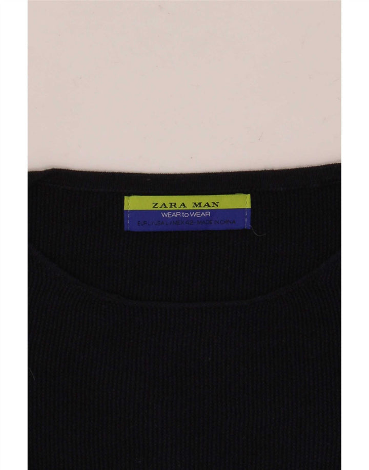 Zara Suéter masculino com gola redonda grande azul marinho