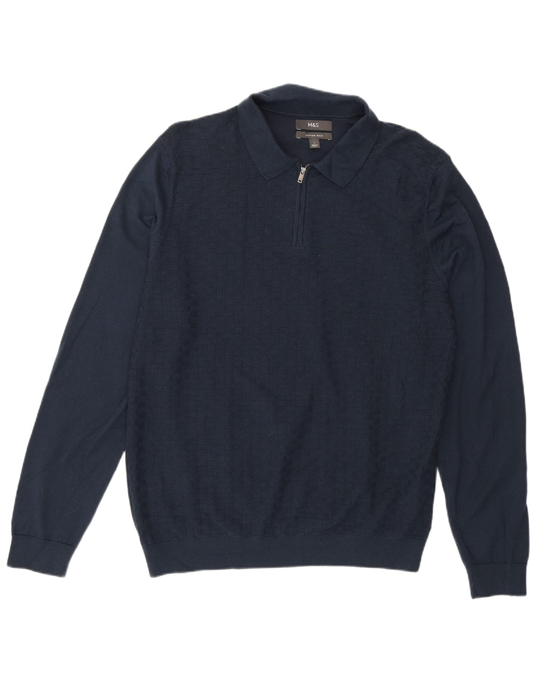 Suéter masculino Marks & Spencer com gola polo grande azul marinho geométrico