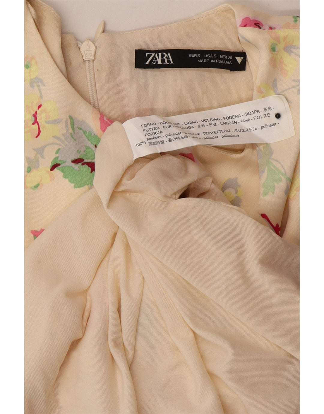 Vestido bainha feminino Zara Reino Unido 10 pequeno poliéster floral branco