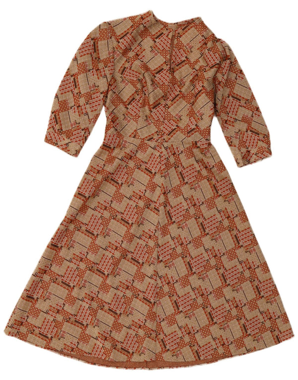 Vestido feminino vintage manga 3/4 linha A Reino Unido 10 pequeno marrom geométrico