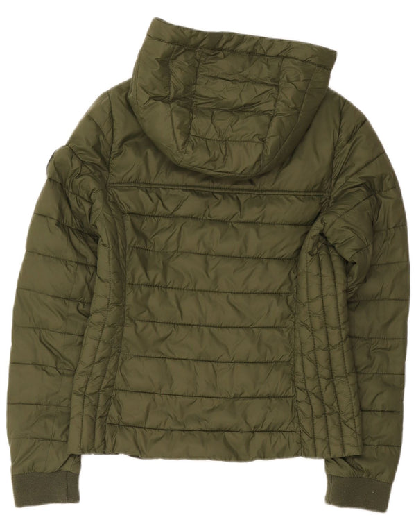 Jaqueta acolchoada com capuz feminina Hollister Reino Unido 10 pequeno caqui nylon