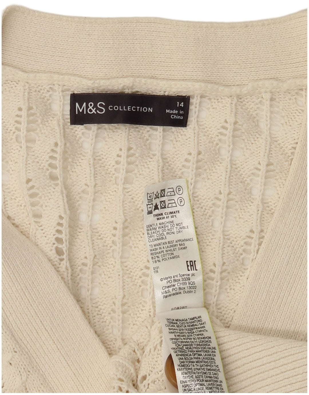 Suéter cardigã feminino Marks & Spencer Reino Unido 14 grande algodão branco