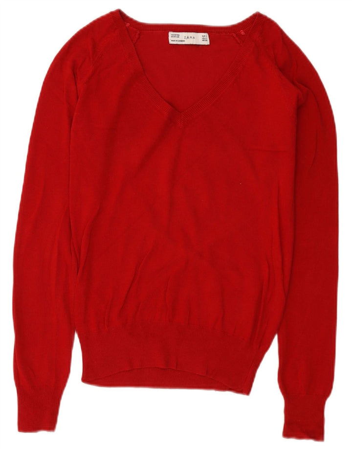 Suéter feminino Zara com decote em V Reino Unido 8 pequeno algodão vermelho