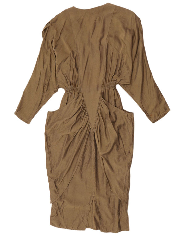 Vestido feminino vintage de manga comprida com bainha UK 12 Viscose cáqui médio