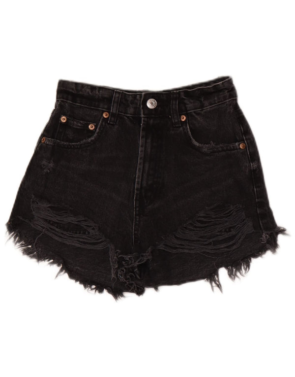 Zara Shorts jeans feminino de cintura alta desgastado UE 32 2XS W22 algodão preto