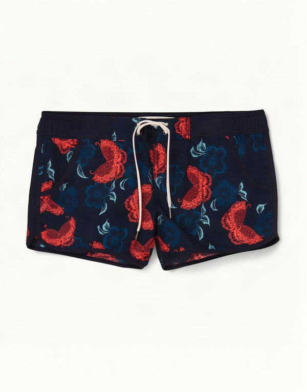 Shorts de natação femininos Fat Face UK 12 poliéster floral azul marinho médio
