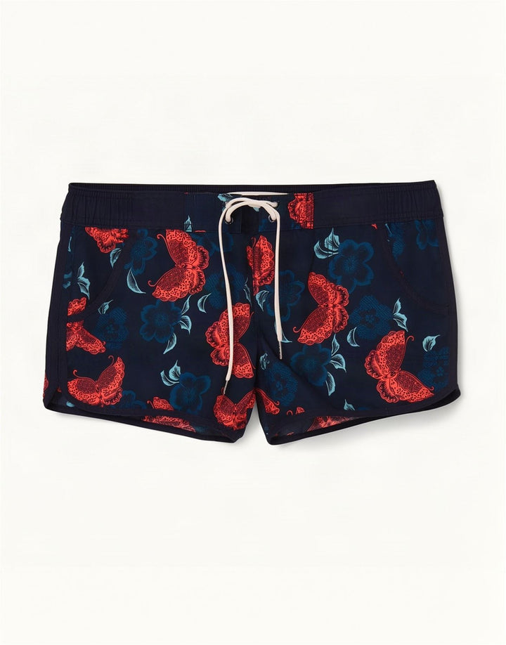 Shorts de natação femininos Fat Face UK 12 poliéster floral azul marinho médio