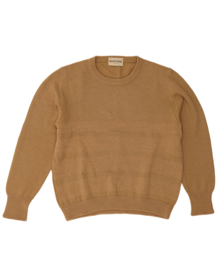 Suéter vintage masculino com gola redonda grande listrado marrom