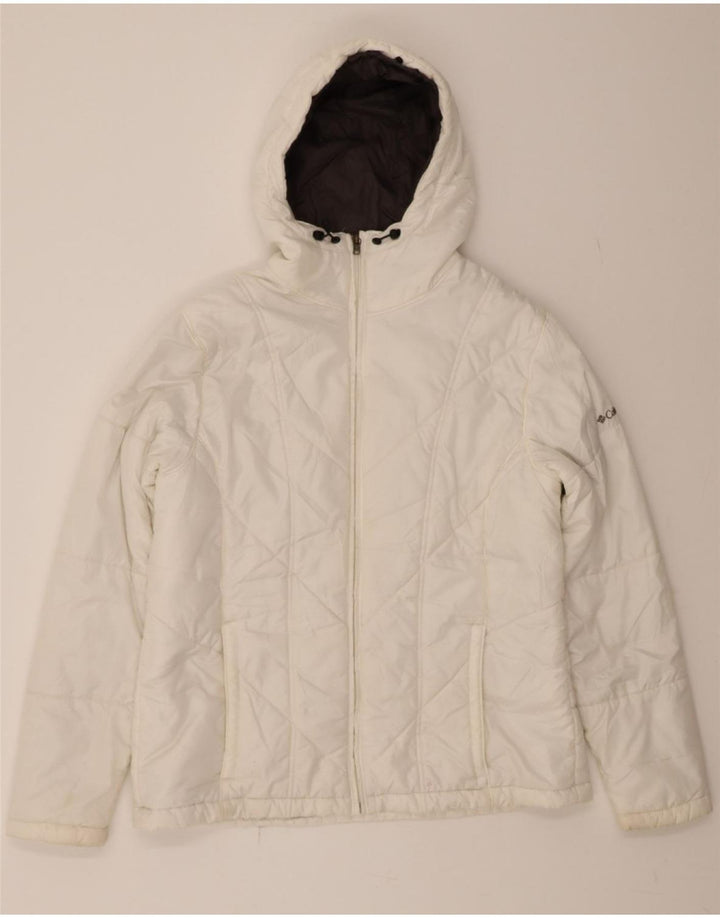 COLUMBIA Womens Hooded Padded Jacket UK 16 Large White Polyester Vintage Columbia and Second-Hand Columbia from Messina Hembry 