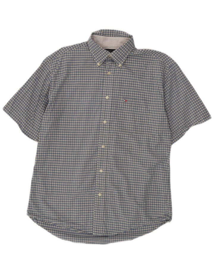 Camisa masculina de manga curta Tommy Hilfiger algodão xadrez azul médio
