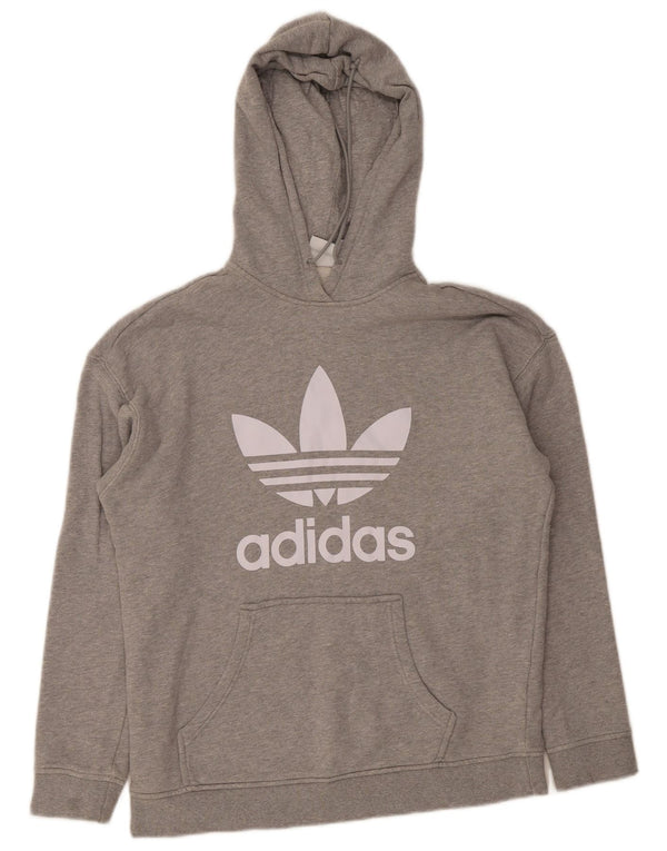 Jumper com capuz gráfico feminino Adidas UK 12 algodão manchado cinza médio