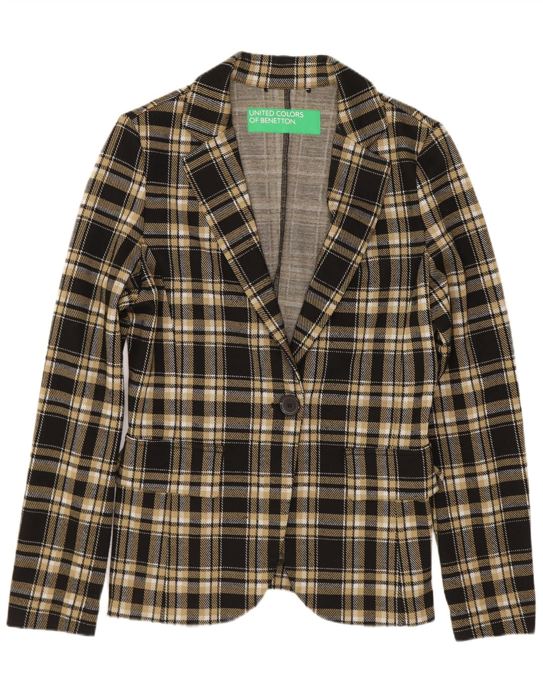 Jaqueta blazer feminina Benetton com 1 botão UK 10 poliéster xadrez preto pequeno
