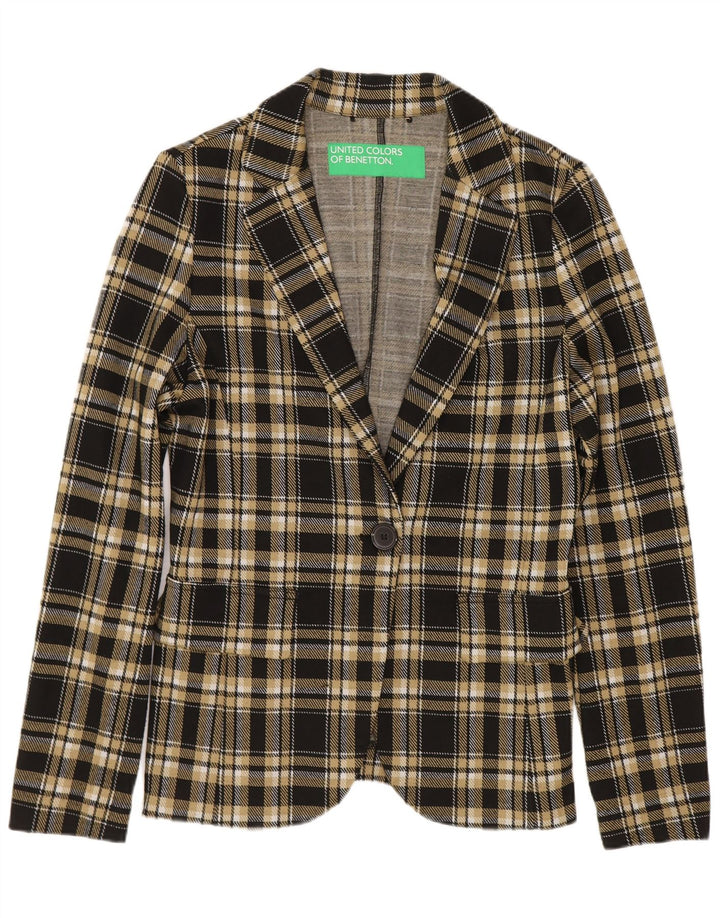Jaqueta blazer feminina Benetton com 1 botão UK 10 poliéster xadrez preto pequeno